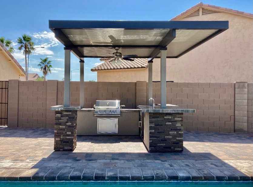 KoKoMo Outdoor Kitchen BBQ Island with 12' x 12' Pergola – Built-In 4-Burner Grill, Refrigerator, and Lighting - Home Outpost Supply