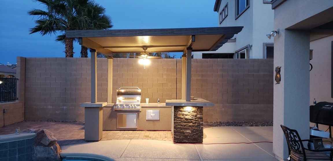 KoKoMo Outdoor Kitchen BBQ Island with 12' x 12' Pergola – Built-In 4-Burner Grill, Refrigerator, and Lighting - Home Outpost Supply