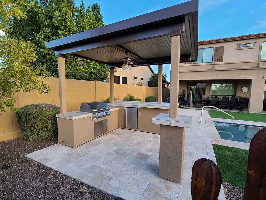 KoKoMo Outdoor Kitchen BBQ Island with 12' x 12' Pergola – Built-In 4-Burner Grill, Refrigerator, and Lighting - Home Outpost Supply