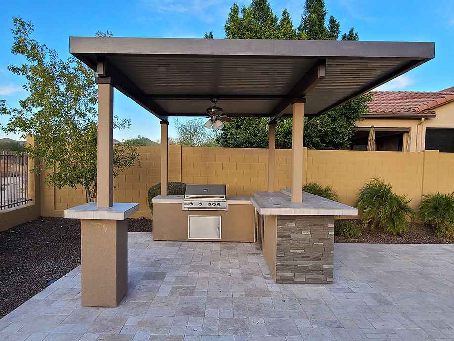 KoKoMo Outdoor Kitchen BBQ Island with 12' x 12' Pergola – Built-In 4-Burner Grill, Refrigerator, and Lighting - Home Outpost Supply