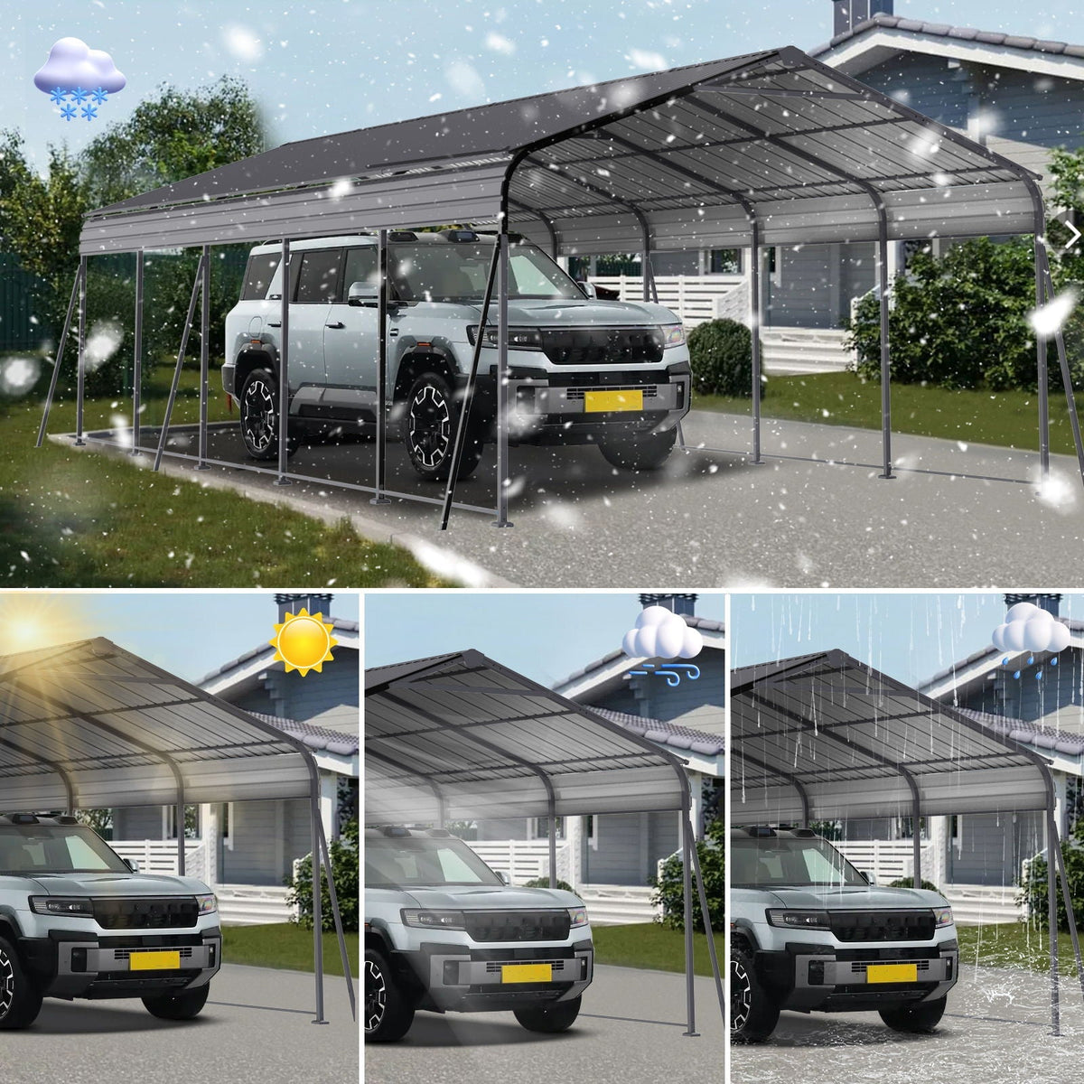 Metal Carport 13 X 26.5 Ft Heavy Duty With Galvanized Steel Roof Metal Garage Canopy With Galvanized Steel Roof & Frame Car Tent Outdoor Storage Shed For Car Boats And Truck - Gray - Home Outpost Supply
