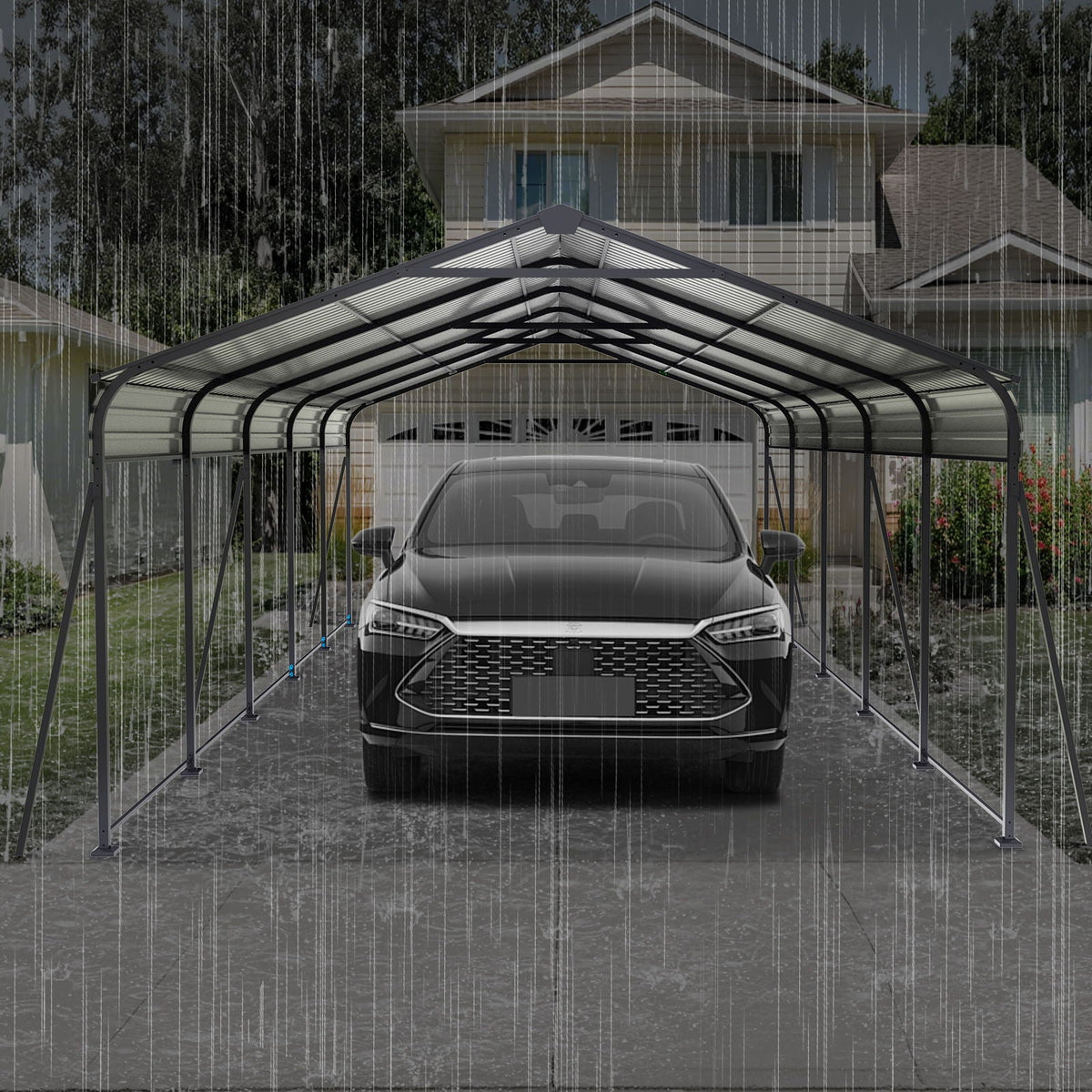 Metal Carport 13 X 26.5 Ft Heavy Duty With Galvanized Steel Roof Metal Garage Canopy With Galvanized Steel Roof & Frame Car Tent Outdoor Storage Shed For Car Boats And Truck - Gray - Home Outpost Supply