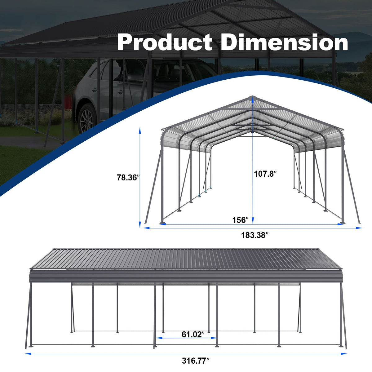 Metal Carport 13 X 26.5 Ft Heavy Duty With Galvanized Steel Roof Metal Garage Canopy With Galvanized Steel Roof & Frame Car Tent Outdoor Storage Shed For Car Boats And Truck - Gray - Home Outpost Supply