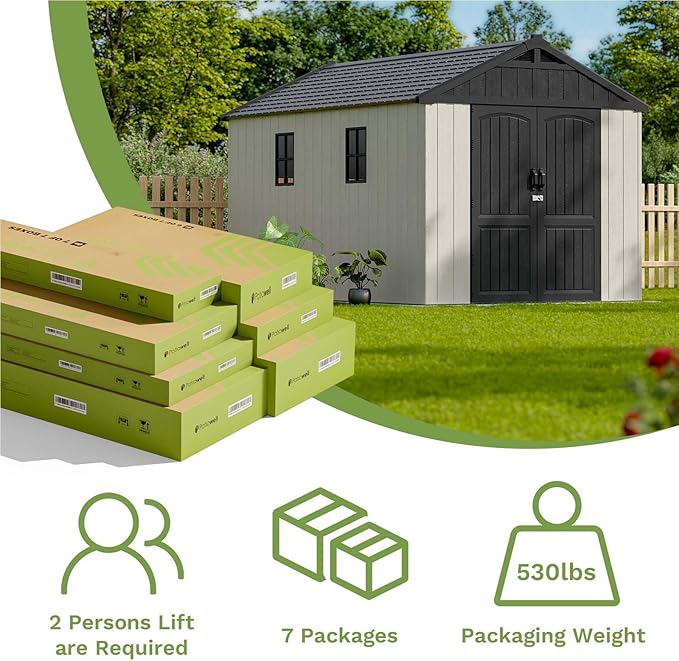 Patiowell 8 x 12 FT Plastic Outdoor Storage Shed with Floor, Resin Shed with Window and Lockable Door for Garden, Backyard, Tool Storage Use, Easy to Install in Beige (Kick-it Shed) - Home Outpost Supply