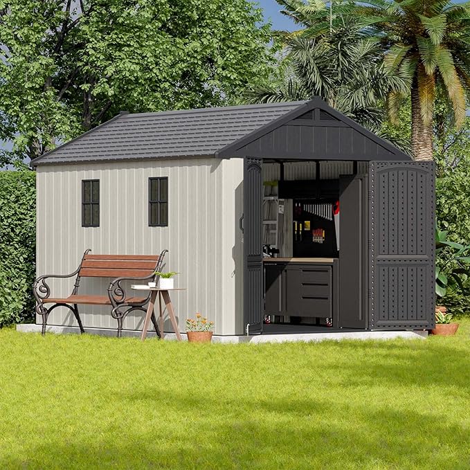 Patiowell 8 x 12 FT Plastic Outdoor Storage Shed with Floor, Resin Shed with Window and Lockable Door for Garden, Backyard, Tool Storage Use, Easy to Install in Beige (Kick-it Shed) - Home Outpost Supply