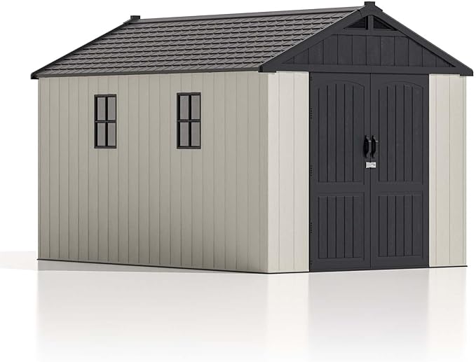 Patiowell 8 x 12 FT Plastic Outdoor Storage Shed with Floor, Resin Shed with Window and Lockable Door for Garden, Backyard, Tool Storage Use, Easy to Install in Beige (Kick-it Shed) - Home Outpost Supply