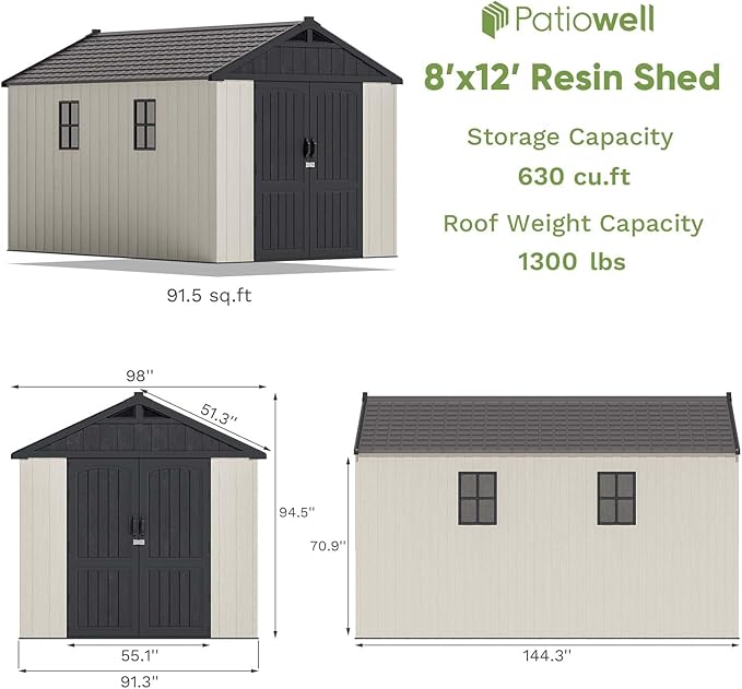 Patiowell 8 x 12 FT Plastic Outdoor Storage Shed with Floor, Resin Shed with Window and Lockable Door for Garden, Backyard, Tool Storage Use, Easy to Install in Beige (Kick-it Shed) - Home Outpost Supply