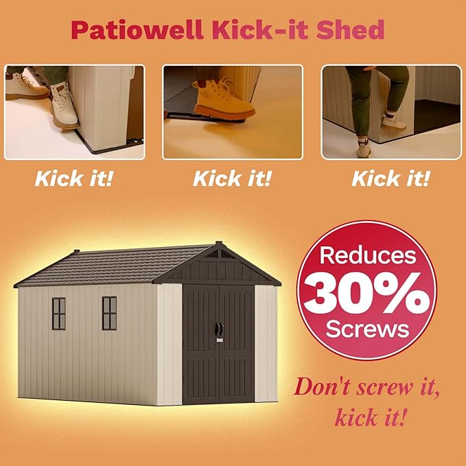 Patiowell 8 x 12 FT Plastic Outdoor Storage Shed with Floor, Resin Shed with Window and Lockable Door for Garden, Backyard, Tool Storage Use, Easy to Install in Beige (Kick-it Shed) - Home Outpost Supply