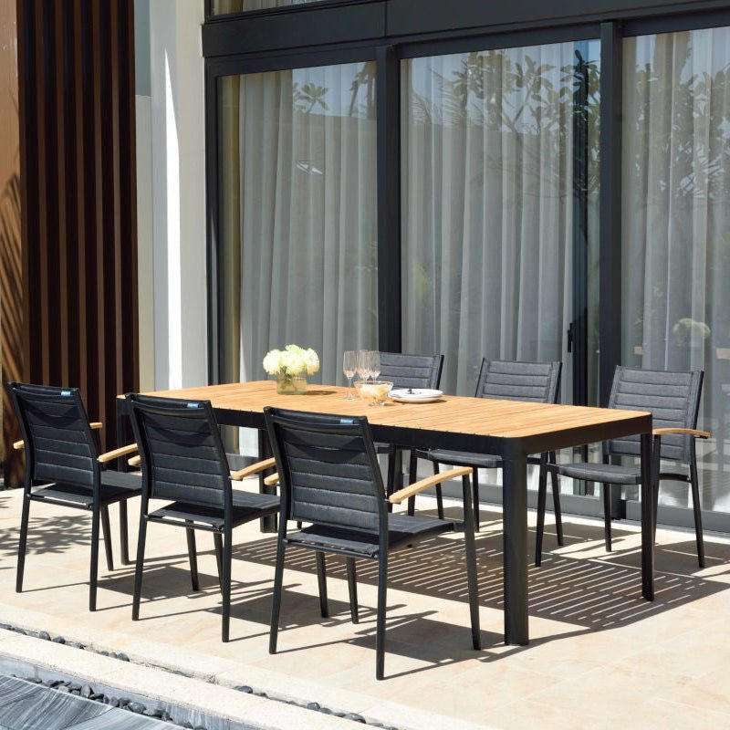 Portals Dark Lite FSC Teak Wood and Aluminum Rectangular Dining Set - Home Outpost Supply