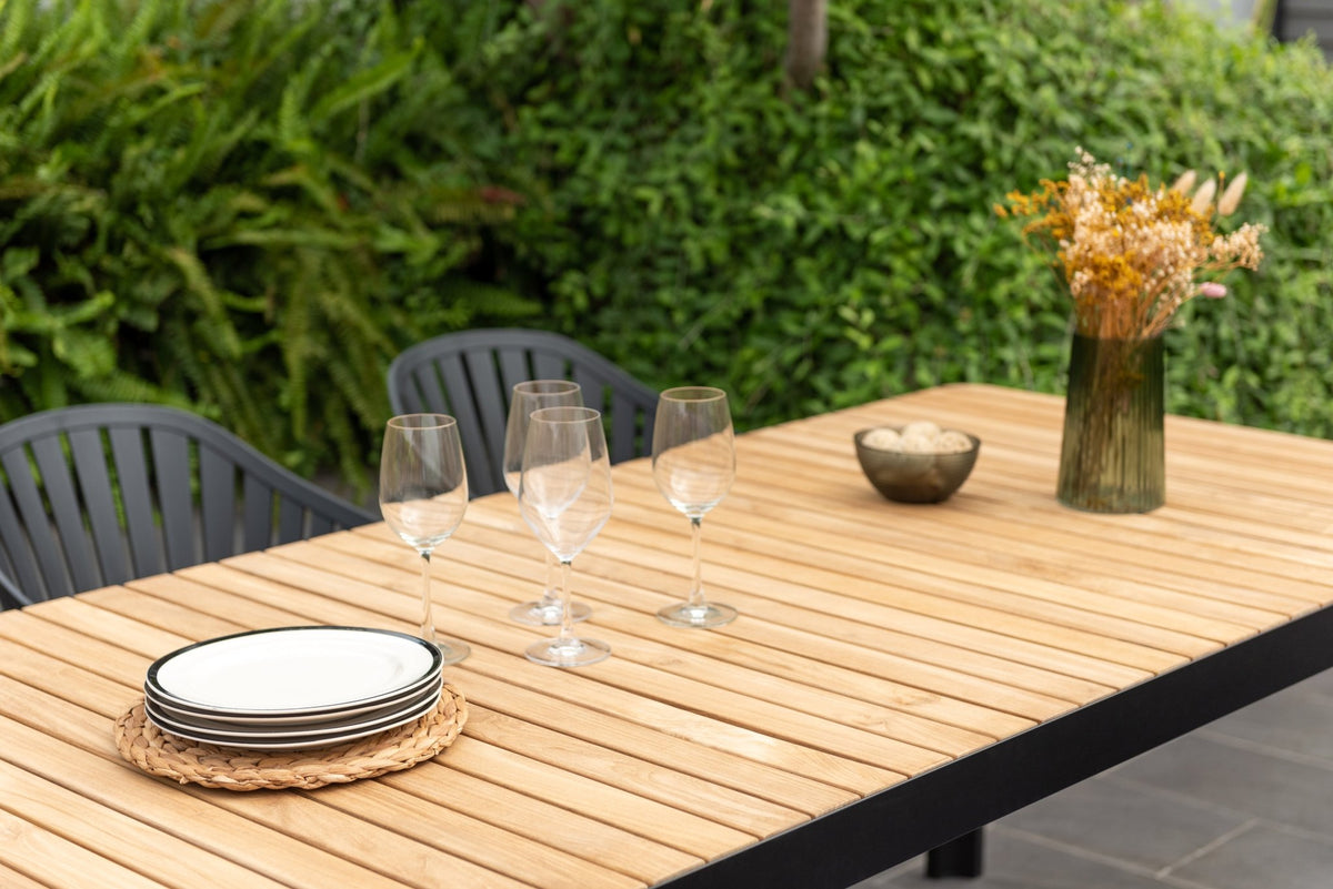 Portals Dark Rectangular Teak Table and 6 Nassau Black Aluminum Dining Set - Home Outpost Supply