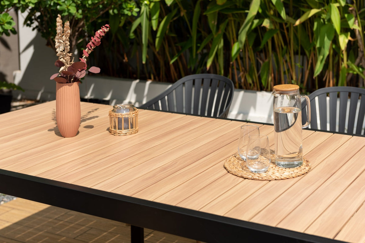 Portals Dark Rectangular Teak Table and 6 Nassau Black Aluminum Dining Set - Home Outpost Supply