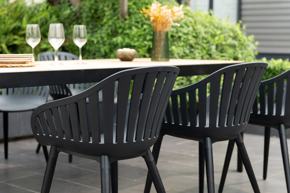 Portals Dark Rectangular Teak Table and 6 Nassau Black Aluminum Dining Set - Home Outpost Supply