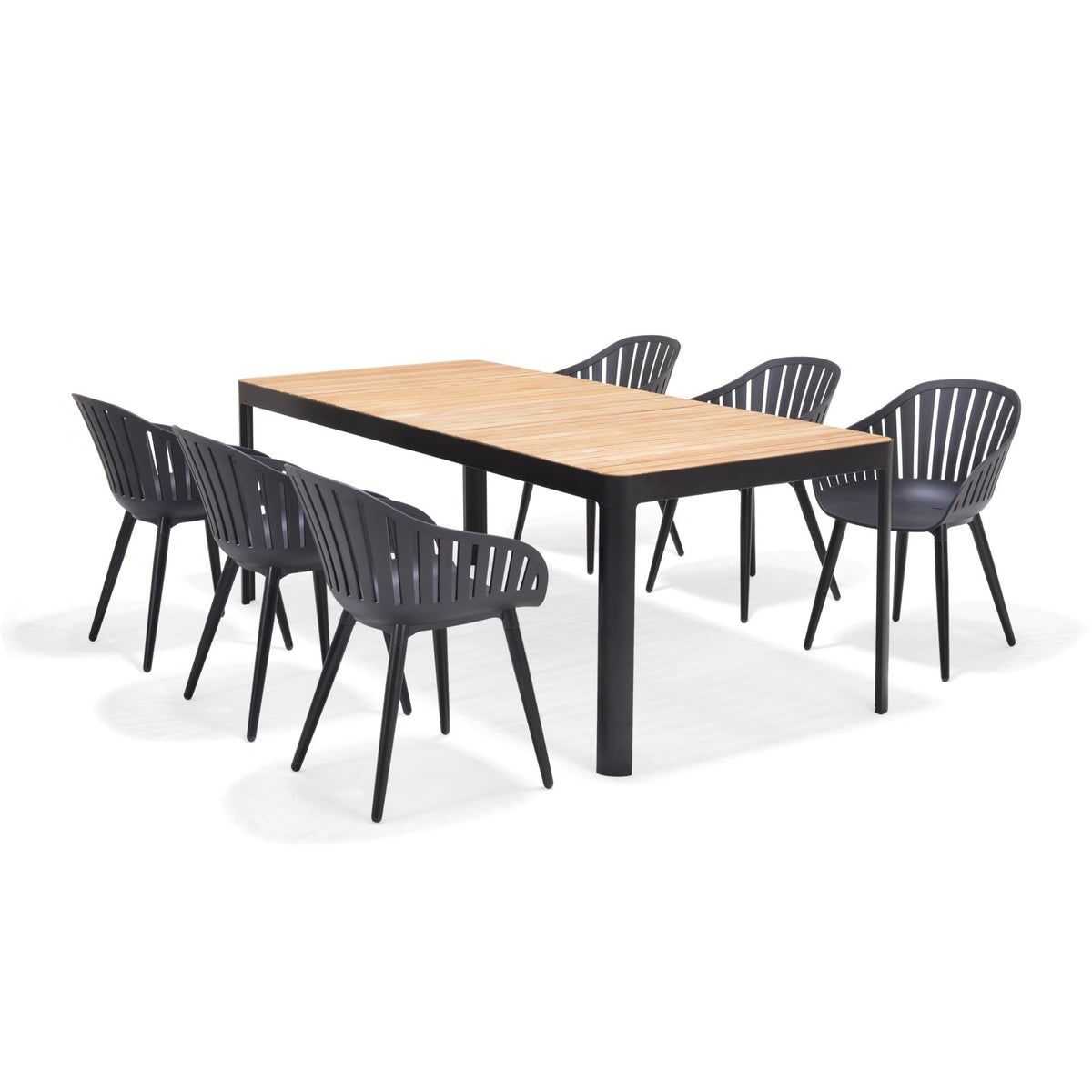 Portals Dark Rectangular Teak Table and 6 Nassau Black Aluminum Dining Set - Home Outpost Supply