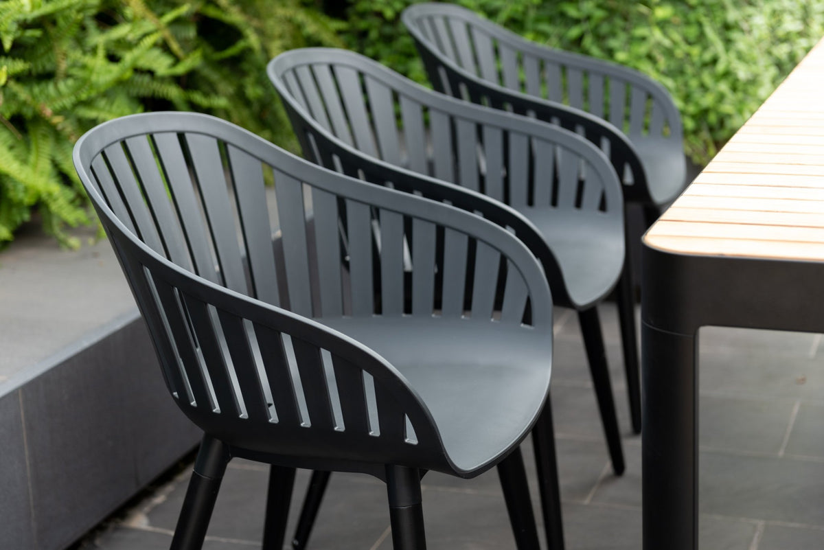 Portals Dark Rectangular Teak Table and 6 Nassau Black Aluminum Dining Set - Home Outpost Supply