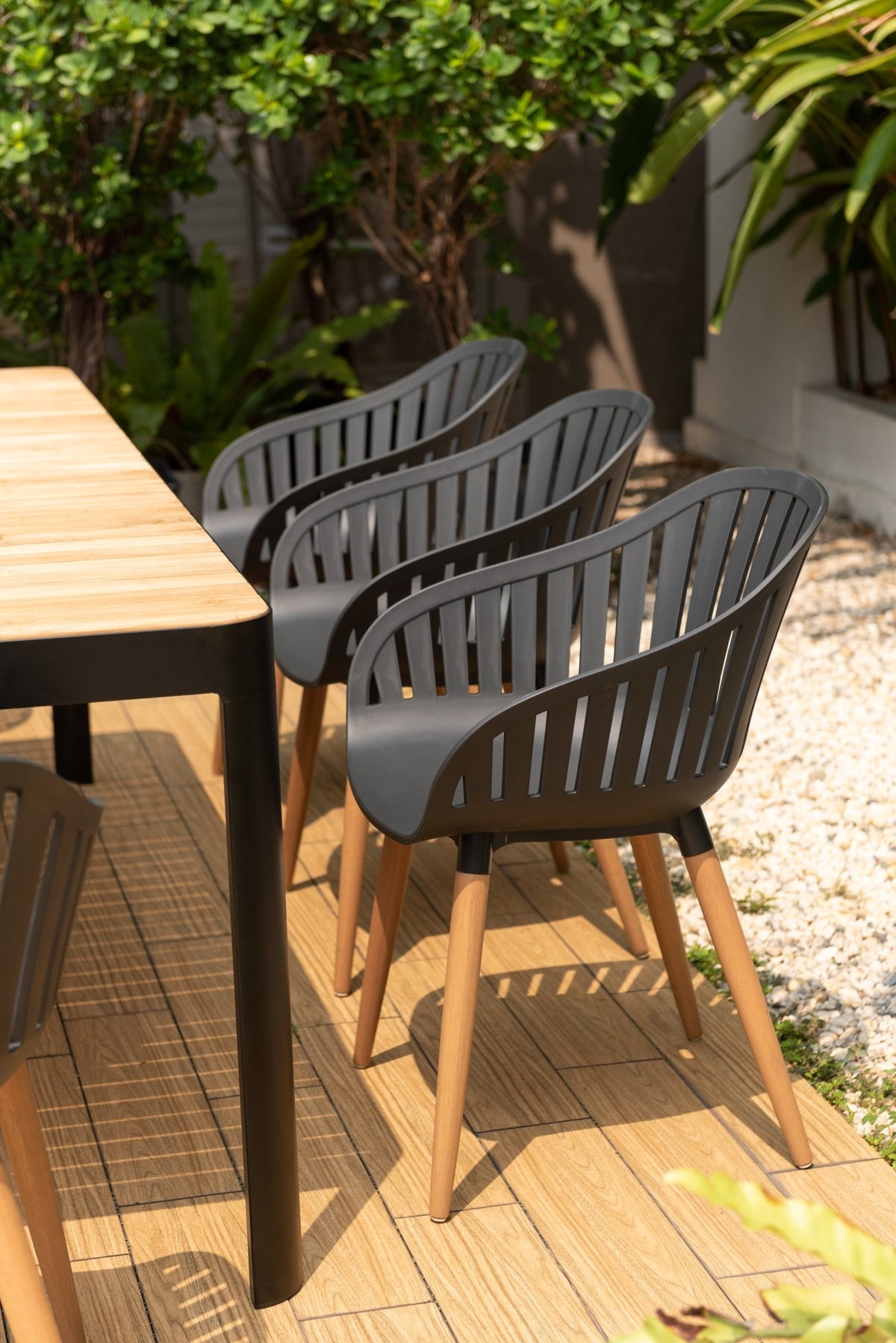 Portals Dark Rectangular Teak Table and 8 Nassau Black Dining Set - Home Outpost Supply
