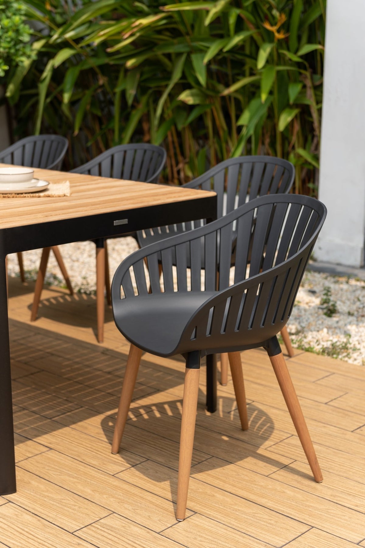 Portals Dark Rectangular Teak Table and 8 Nassau Black Dining Set - Home Outpost Supply