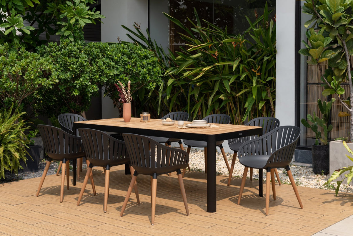 Portals Dark Rectangular Teak Table and 8 Nassau Black Dining Set - Home Outpost Supply