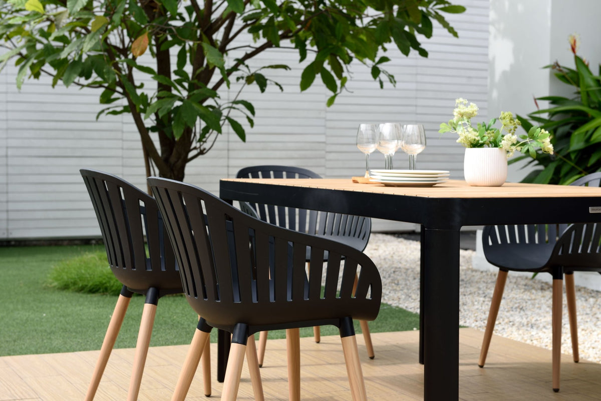 Portals Dark Rectangular Teak Table and 8 Nassau Black Dining Set - Home Outpost Supply