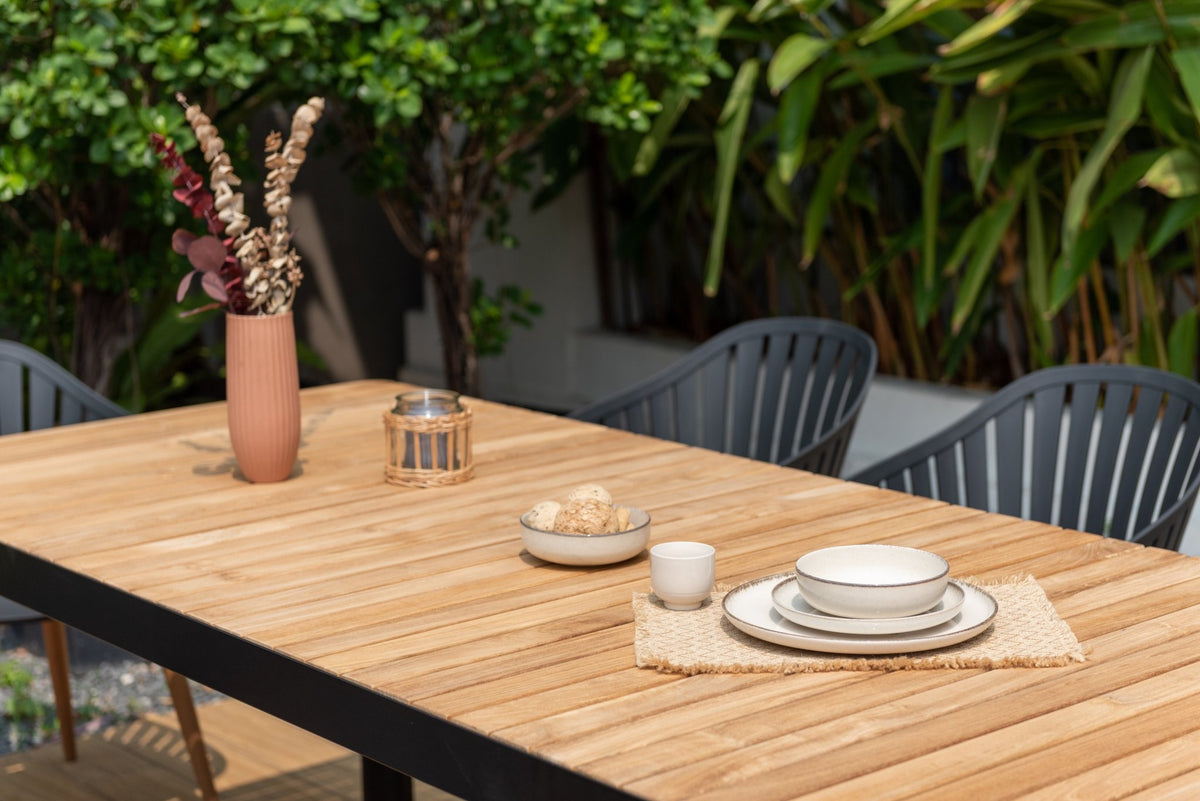 Portals Dark Rectangular Teak Table and 8 Nassau Black Dining Set - Home Outpost Supply