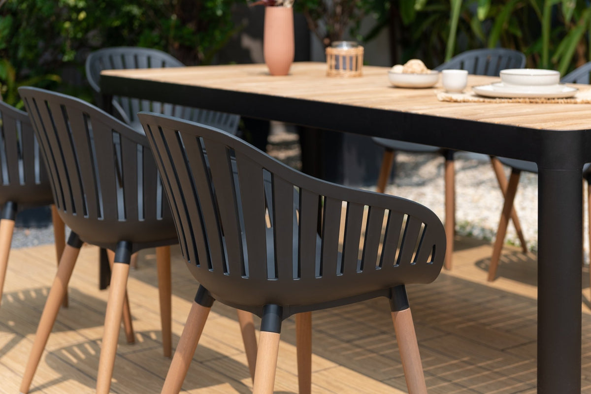 Portals Dark Rectangular Teak Table and 8 Nassau Black Dining Set - Home Outpost Supply