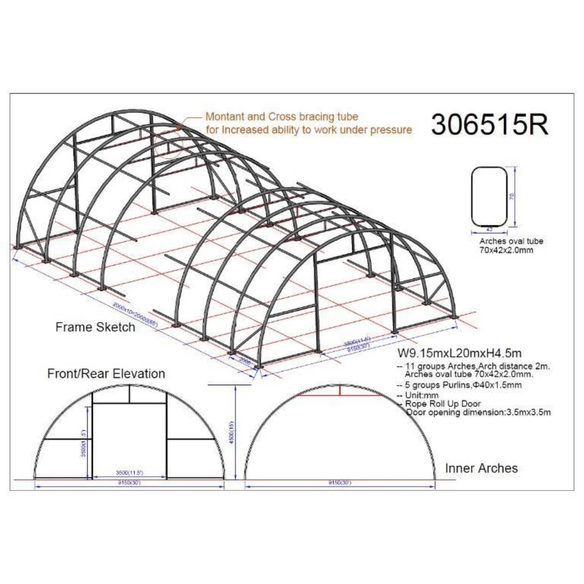 Single Truss Arch Storage Shelter W30'xL65'xH15' 11oz PE - Home Outpost Supply