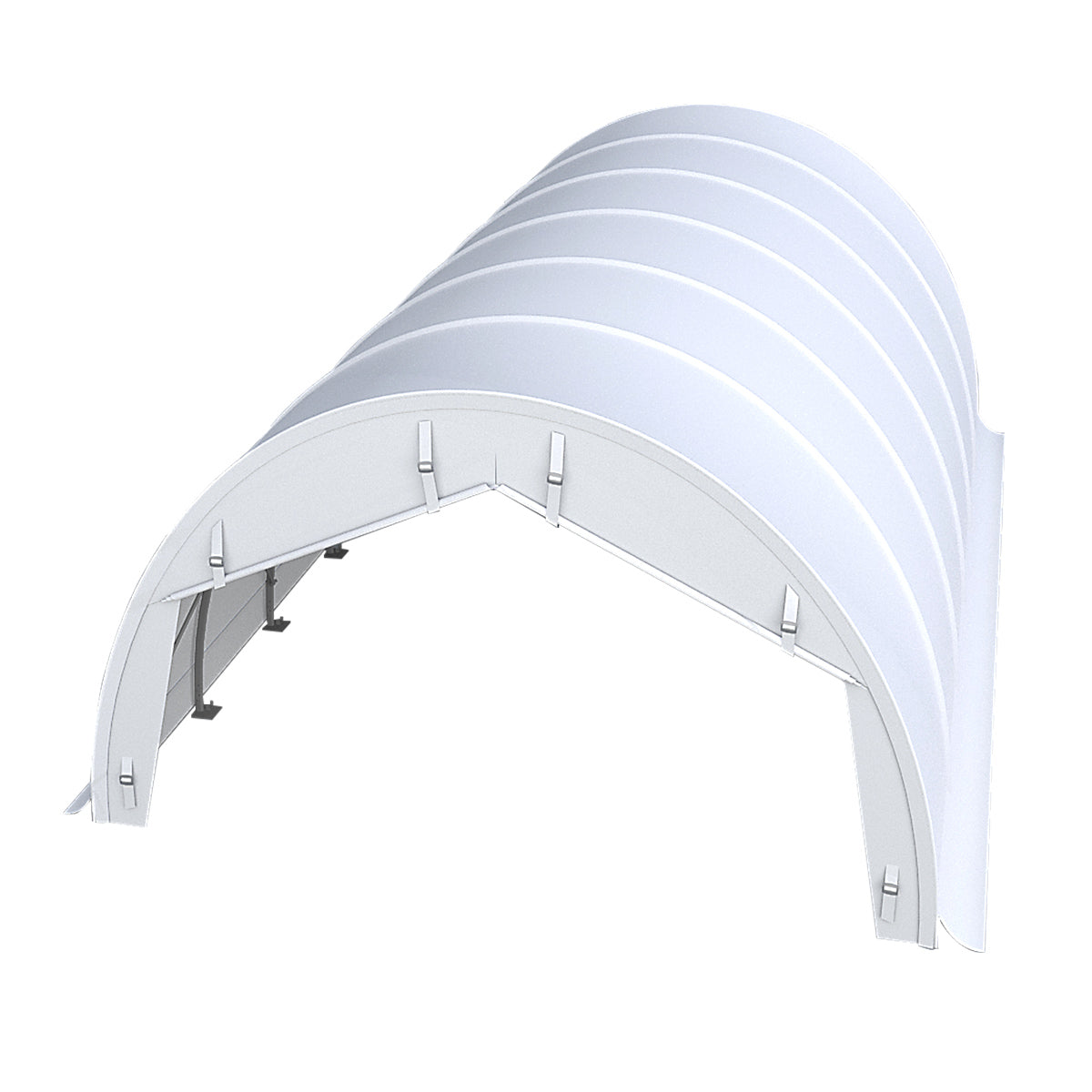 White arched storage shelter with reinforced frame design
