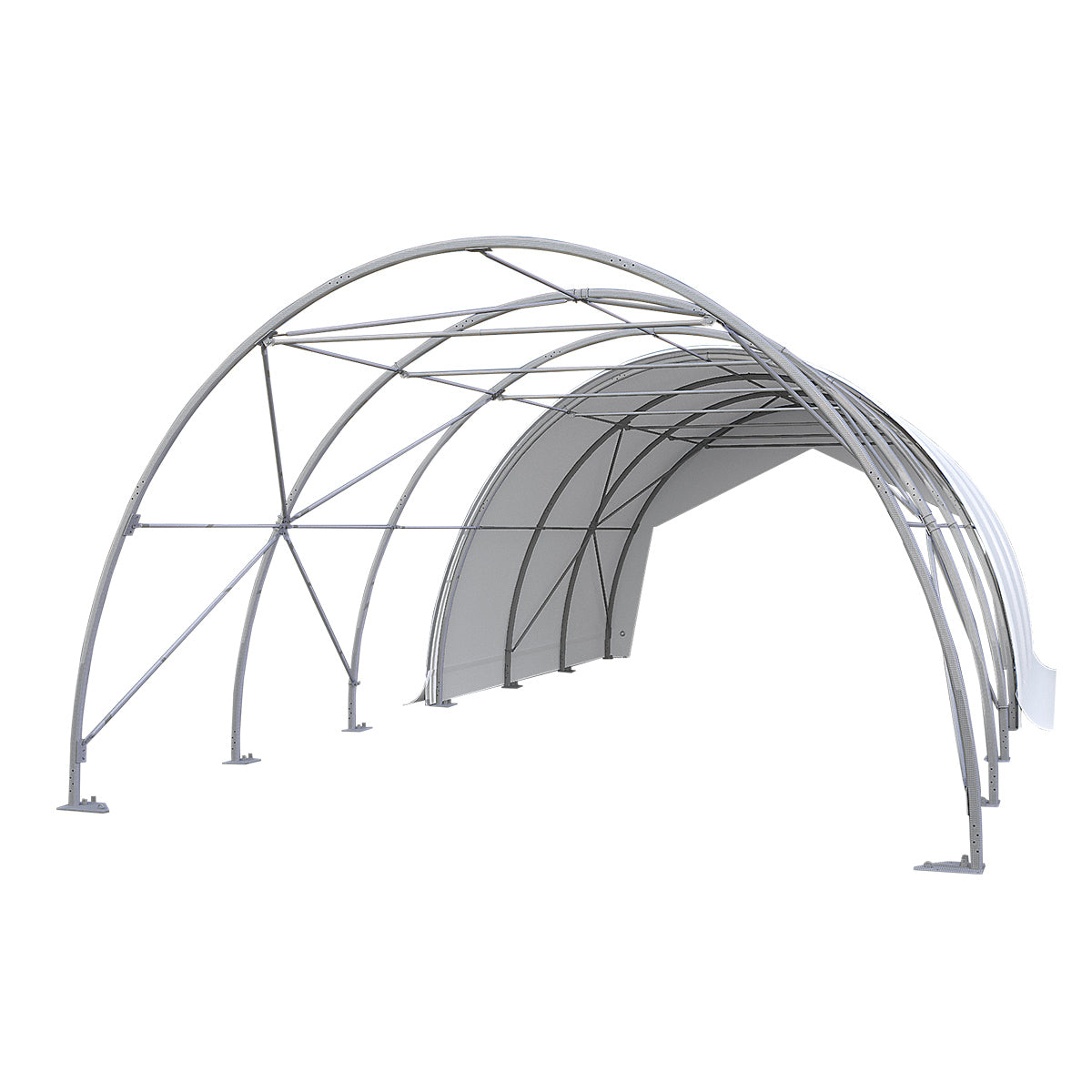 Single truss storage shelter with arched frame and translucent panels, reinforced series