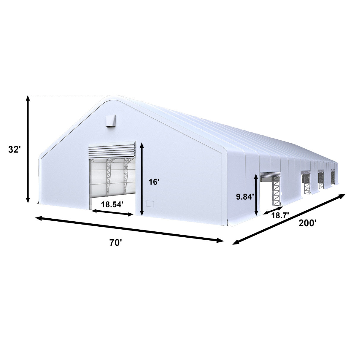 Chery Industrial 70' x 200' Reinforced Double Truss Storage Shelter – 32' High