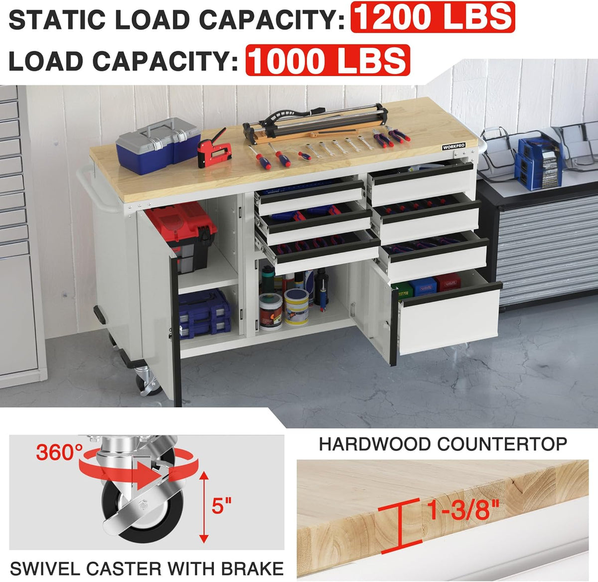 WORKPRO 62" x 20" 7-Drawer & 2-Door Rolling Tool Chest, Mobile Tool Storage Cabinet with Power Strip, Locking System, Heavy Duty Rolling Cabinet for Garage, Warehouse & Kitchen, 1000 lbs Capacity - Home Outpost Supply