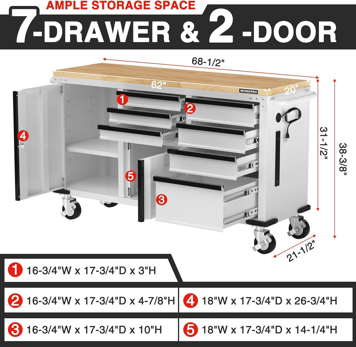 WORKPRO 62" x 20" 7-Drawer & 2-Door Rolling Tool Chest, Mobile Tool Storage Cabinet with Power Strip, Locking System, Heavy Duty Rolling Cabinet for Garage, Warehouse & Kitchen, 1000 lbs Capacity - Home Outpost Supply