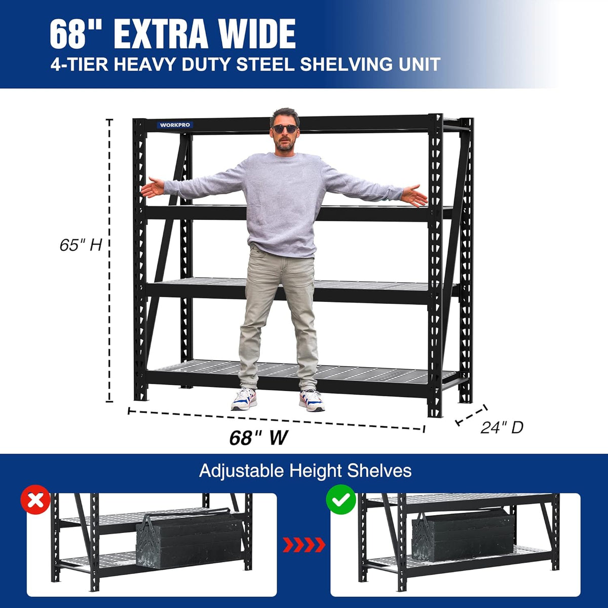 WORKPRO 68" Ultra Wide 4-Tier Metal Garage Shelving Unit, 68"W x 24"D x 65"H, 7200 LBS Capacity, Heavy Duty Storage Utility Rack, Industrial Adjustable Shelves for Shop Warehouse Basement, Pack of 10 - Home Outpost Supply