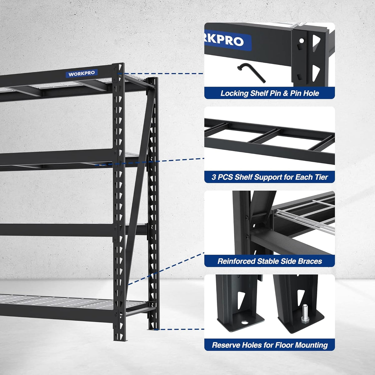WORKPRO 68" Ultra Wide 4-Tier Metal Garage Shelving Unit, 68"W x 24"D x 65"H, 7200 LBS Capacity, Heavy Duty Storage Utility Rack, Industrial Adjustable Shelves for Shop Warehouse Basement, Pack of 10 - Home Outpost Supply