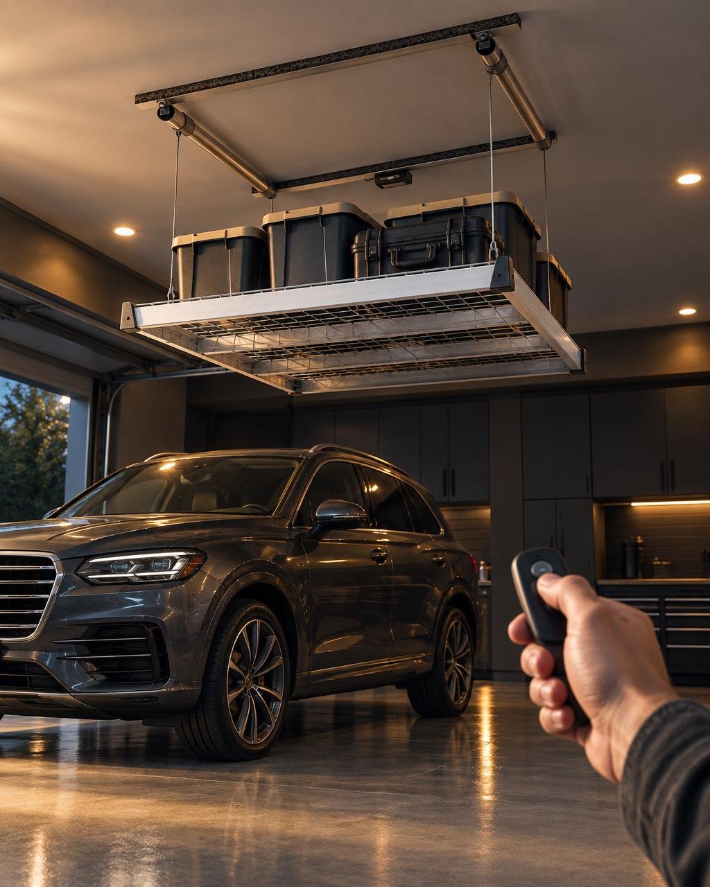 Garage storage lift holding bins overhead above a vehicle with a remote in the foreground