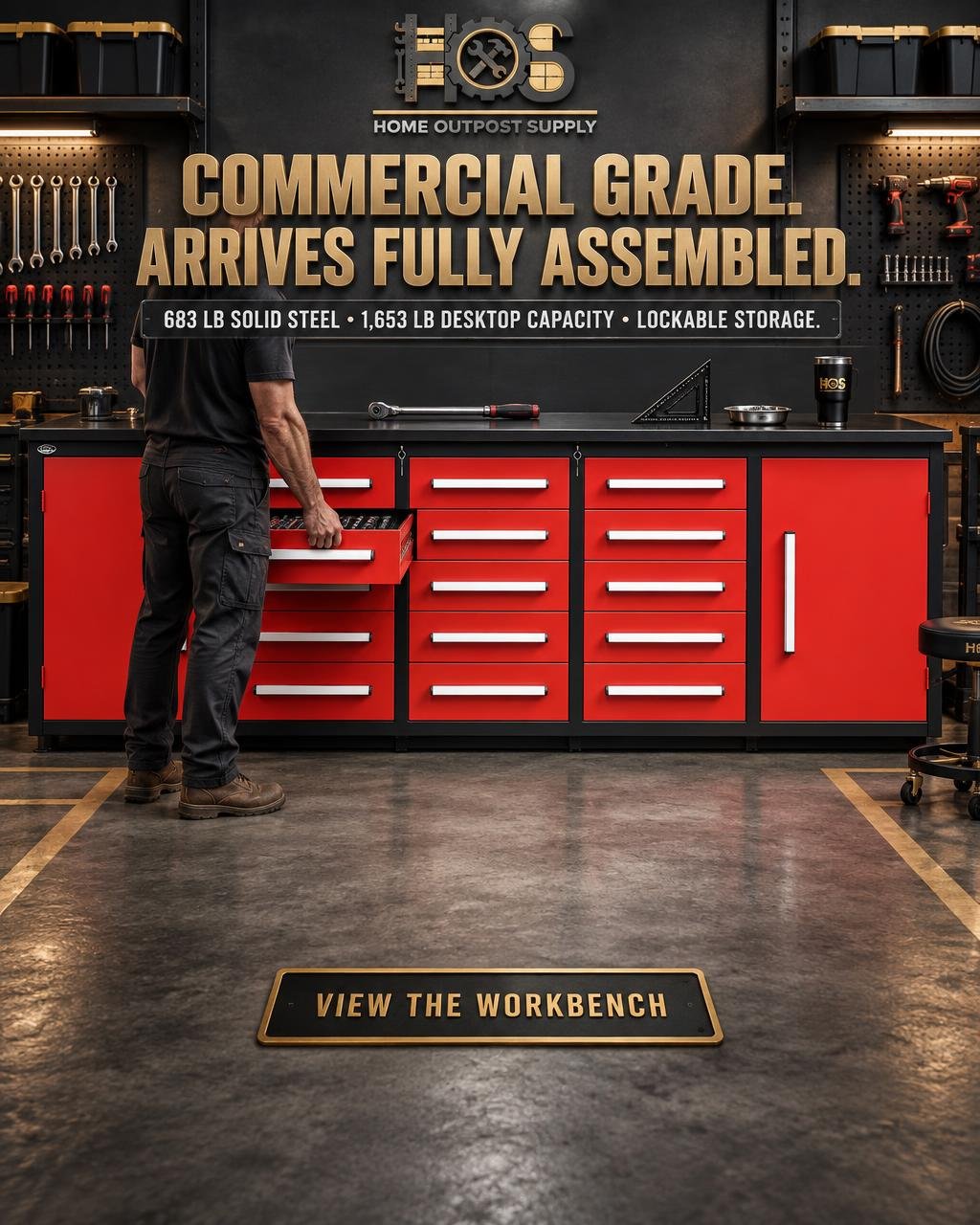 Red Home Outpost Supply 10ft workbench cabinet with drawers in a workshop