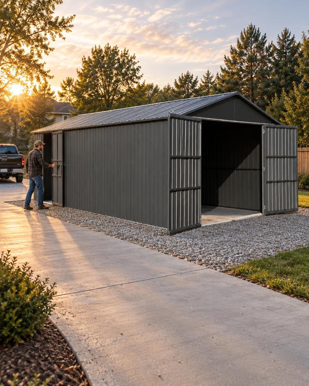 Dark steel 12 x 20 ft shed with wide double doors and a separate side entry door