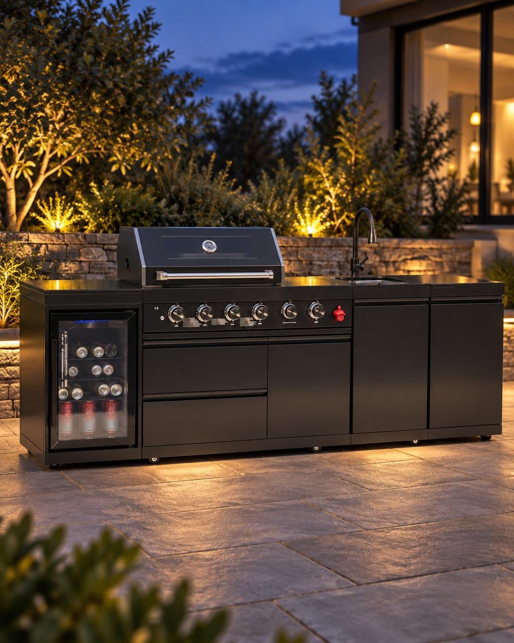 Black outdoor kitchen island with grill, sink, wine cooler, and countertop at twilight